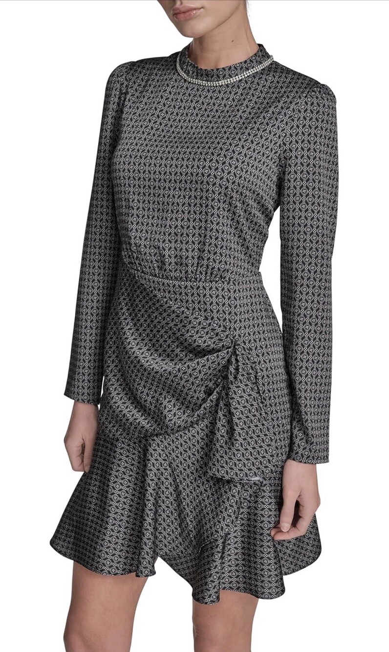 BCBG Women's Long Sleeve Jewel Neck Ruffle Trim Wrap Mini Dress Size 12